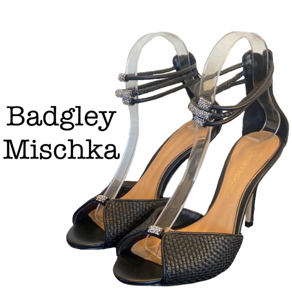 Badgley Mischka Black Leather Ankle Strap Heels Size 6 1/2